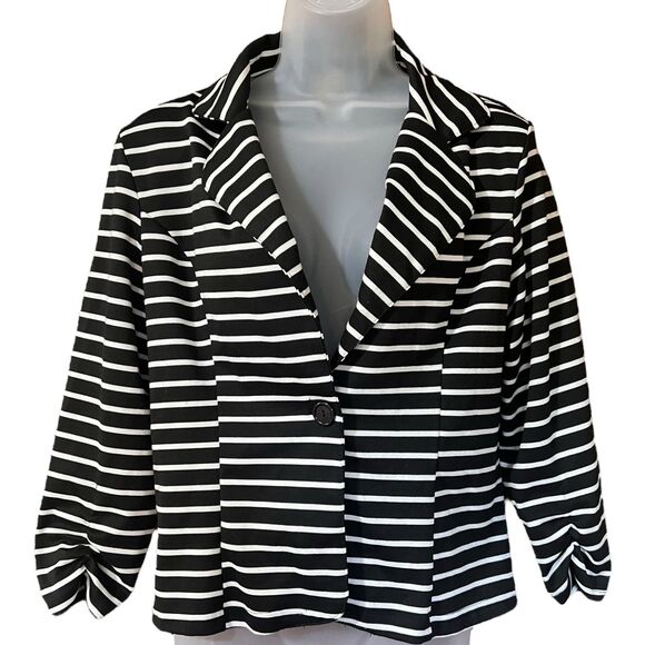 Black/White Striped One Button Blazer Jacket 3/4 Sleeves Sz XL Business Casual - Picture 1 of 10